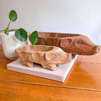 Two wooden pig-shaped planters on a wooden surface with a white background