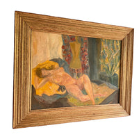 Nude framed painting in soft warm vibrant colors and gold wood frame