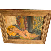Nude framed painting in soft warm vibrant colors and gold wood frame