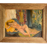 Nude framed painting in soft warm vibrant colors and gold wood frame