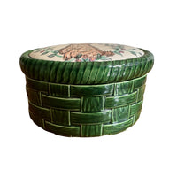 Ceramic signed green basket style box with Bunny painted / drawn signed B Skyhar 2009