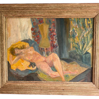 Nude framed painting in soft warm vibrant colors and gold wood frame