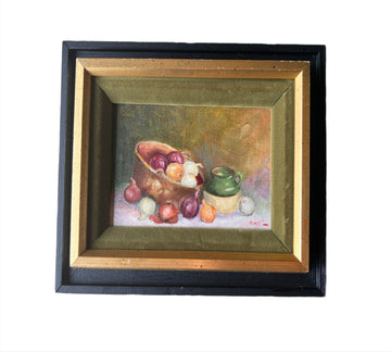 Framed Still Life Oil Painting Art Onions and Olive Oil