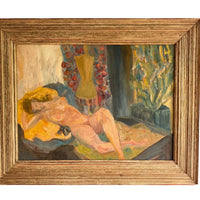 Nude framed painting in soft warm vibrant colors and gold wood frame