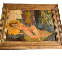 Nude framed painting in soft warm vibrant colors and gold wood frame
