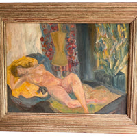 Nude framed painting in soft warm vibrant colors and gold wood frame