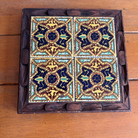 Carved wood and painted tile tray