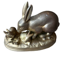 Vintage Brass Bunny Rabbit with Babies Sculpture Figure