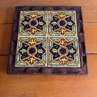 Carved wood and painted tile tray