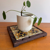 Carved wood and painted tile tray