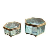 Hexagon Blue Tinted Etched Crystal Glass Jewelry Box