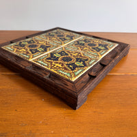 Carved wood and painted tile tray
