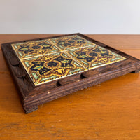 Carved wood and painted tile tray