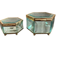 Hexagon Blue Tinted Etched Crystal Glass Jewelry Box