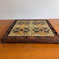 Carved wood and painted tile tray