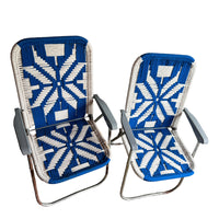 Retro Macrame Blue and White Folding Lawn Camp Chairs