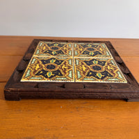 Carved wood and painted tile tray