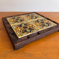 Carved wood and painted tile tray