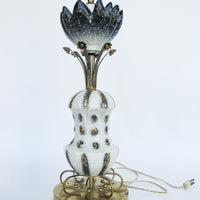 Midcentury Floral Ceramic and Brass Lamp with Original Curved Shade