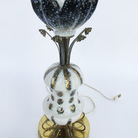 Midcentury Floral Ceramic and Brass Lamp with Original Curved Shade