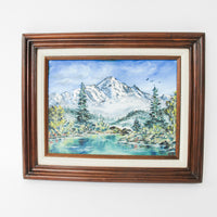 Small Vintage Mountain Landscape Painting with Original Wood Frame 1988 by Artist Sue