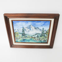 Small Vintage Mountain Landscape Painting with Original Wood Frame 1988 by Artist Sue