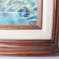 Small Vintage Mountain Landscape Painting with Original Wood Frame 1988 by Artist Sue