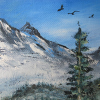 Small Vintage Mountain Landscape Painting with Original Wood Frame 1988 by Artist Sue