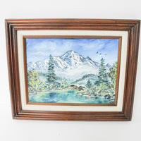Small Vintage Mountain Landscape Painting with Original Wood Frame 1988 by Artist Sue