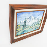 Small Vintage Mountain Landscape Painting with Original Wood Frame 1988 by Artist Sue