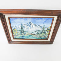 Small Vintage Mountain Landscape Painting with Original Wood Frame 1988 by Artist Sue