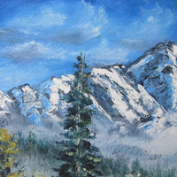 Small Vintage Mountain Landscape Painting with Original Wood Frame 1988 by Artist Sue