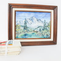 Small Vintage Mountain Landscape Painting with Original Wood Frame 1988 by Artist Sue