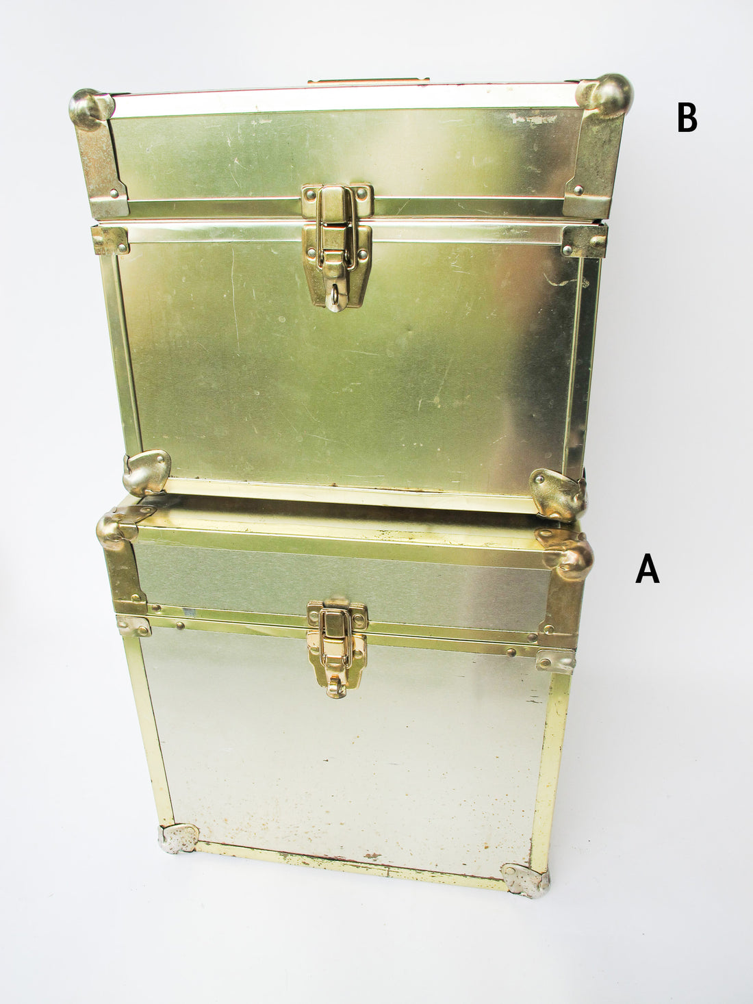 Metallic Chrome and Brass Sheet Metal Wood Trunks (Each Sold Separately)