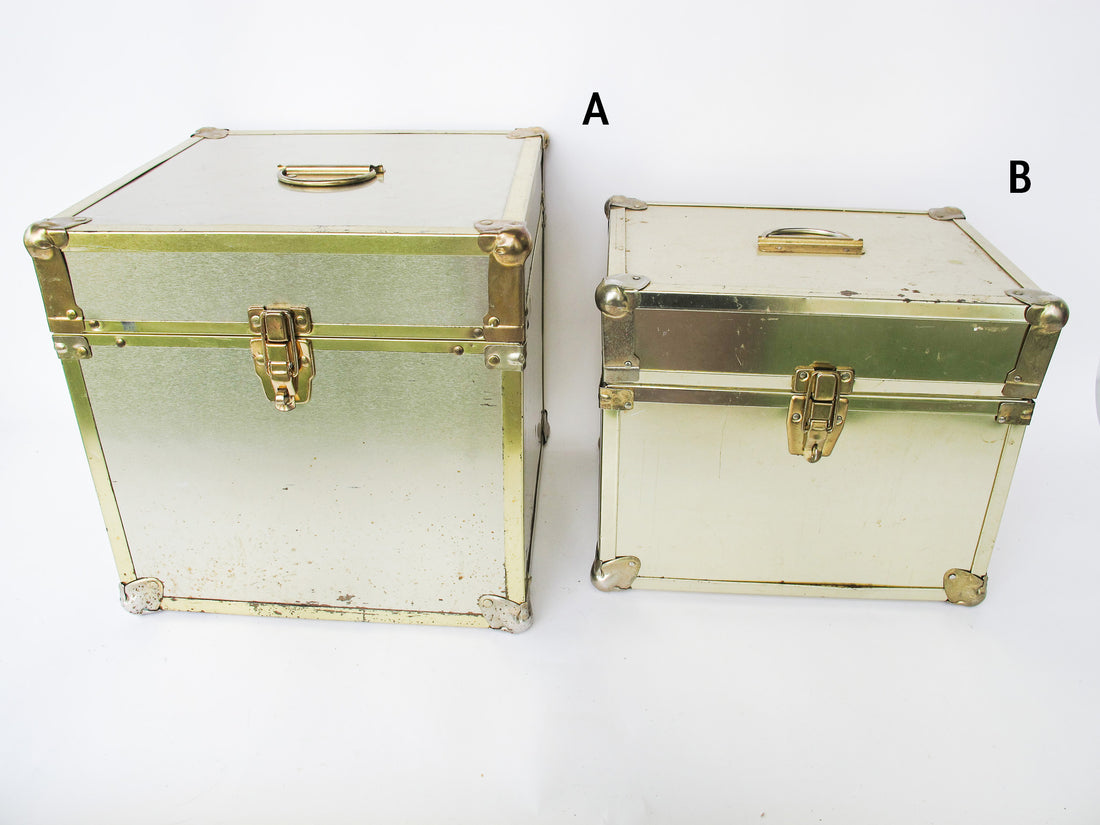 Metallic Chrome and Brass Sheet Metal Wood Trunks (Each Sold Separately)