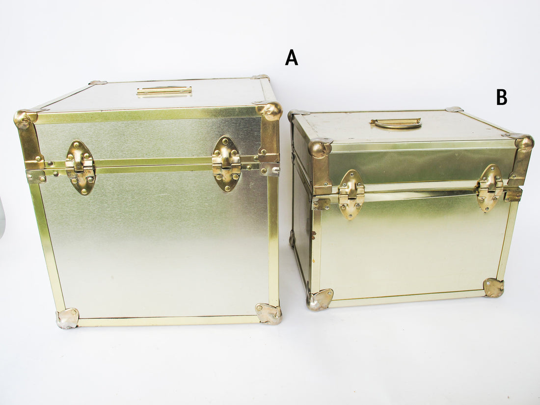 Metallic Chrome and Brass Sheet Metal Wood Trunks (Each Sold Separately)