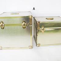 Metallic Chrome and Brass Sheet Metal Wood Trunks (Each Sold Separately)