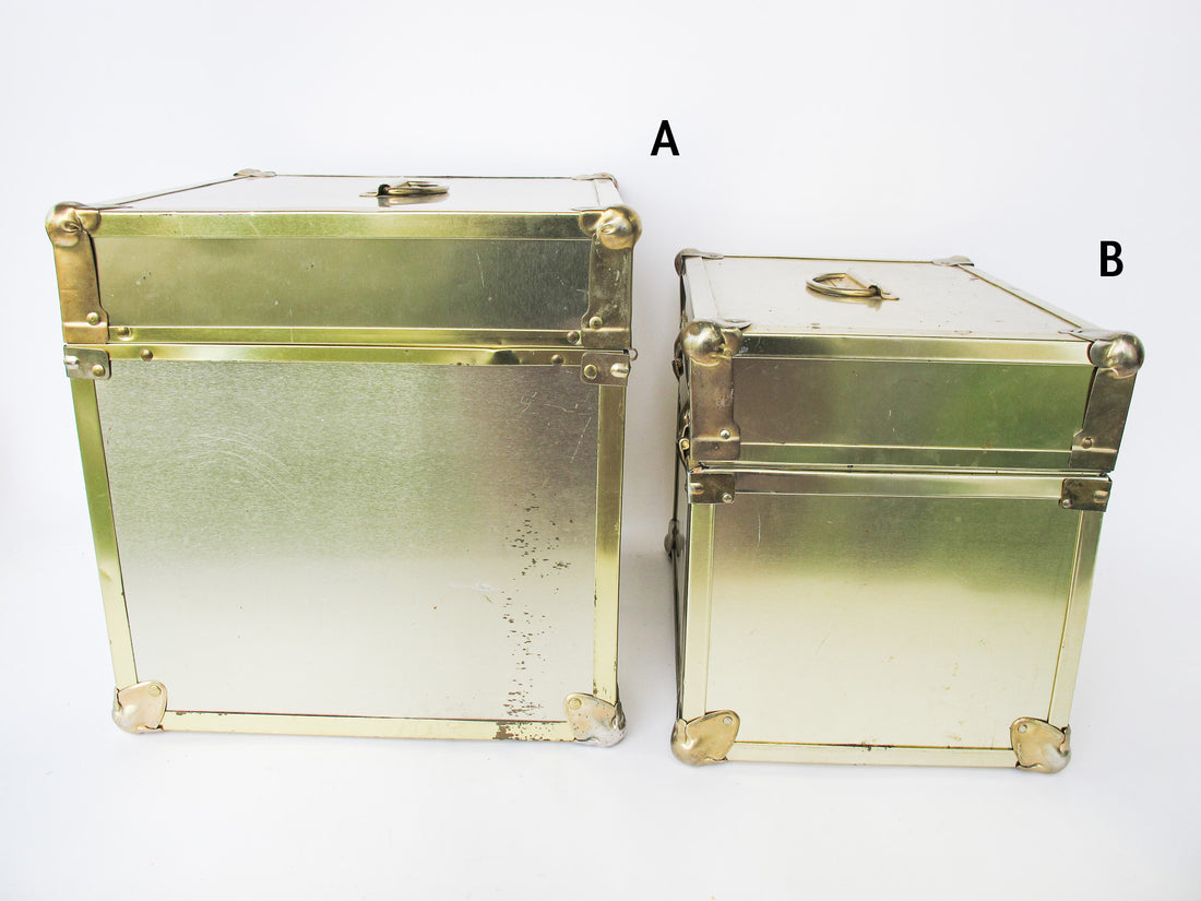Metallic Chrome and Brass Sheet Metal Wood Trunks (Each Sold Separately)