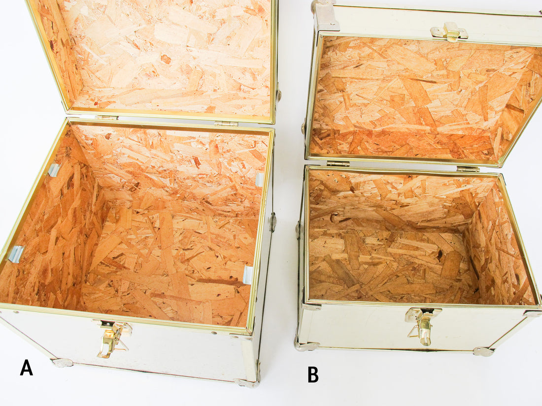 Metallic Chrome and Brass Sheet Metal Wood Trunks (Each Sold Separately)