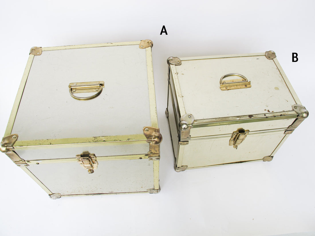 Metallic Chrome and Brass Sheet Metal Wood Trunks (Each Sold Separately)