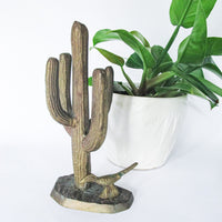 Brass saguaro cactus with road runner vintage California