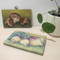 Framed Still Life Painting Art on Wood Mushroom and Radish