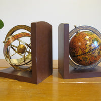 Set of Globe Bookends Wood Spinning Paper Mache Brass Wood Globes