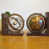 Set of Globe Bookends Wood Spinning Paper Mache Brass Wood Globes