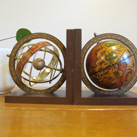 Set of Globe Bookends Wood Spinning Paper Mache Brass Wood Globes