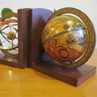 Set of Globe Bookends Wood Spinning Paper Mache Brass Wood Globes