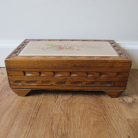 Vintage Mexican Tile & Carved Wood Jewelry Box with Mirror – Handcrafted Folk Art Keepsake Box