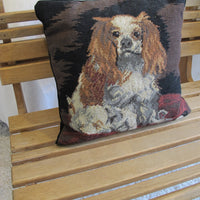 Embroidered Dog Pillow Spaniel Velvet Vintage Needlepoint Pillow