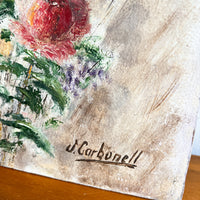 J Carbonell flower boquet on white background painted on wood