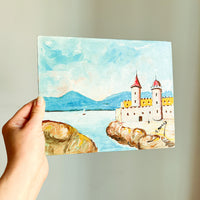 R Marco Castle and Ocean Painting on Wood